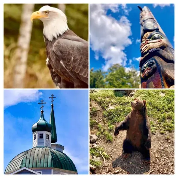 Clockwise from top left: Alaska Raptor Center, Fortress of the Bear, Sitka National Historical Park, St.Michael's Cathedral